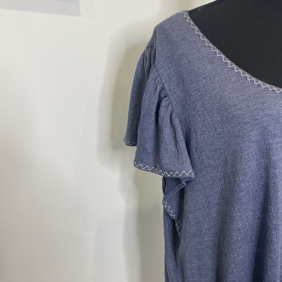 Max Studio Denim-Like Round Neck Short Ruffle Sleeve Top - Picture 2 of 8